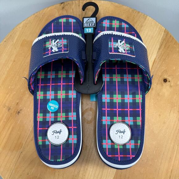 Reef Mulligan Slides Scottish Waters 2 Men's Size 12 Limited Blue Plaid NWT - Picture 5 of 7